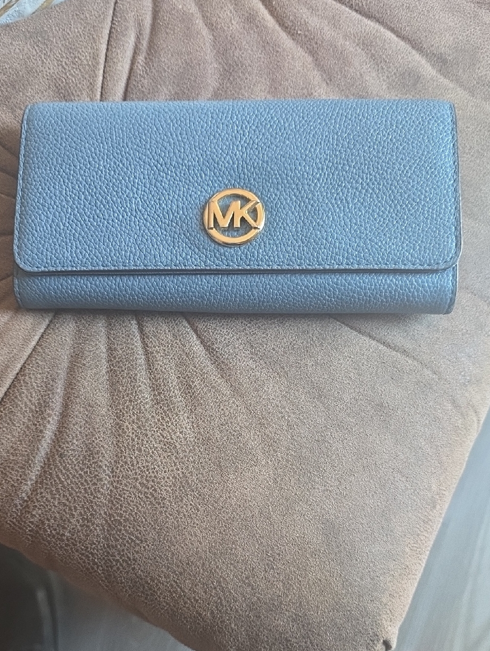Michael Kors Light Blue Leather Continental Wallet with Gold MK Emblem